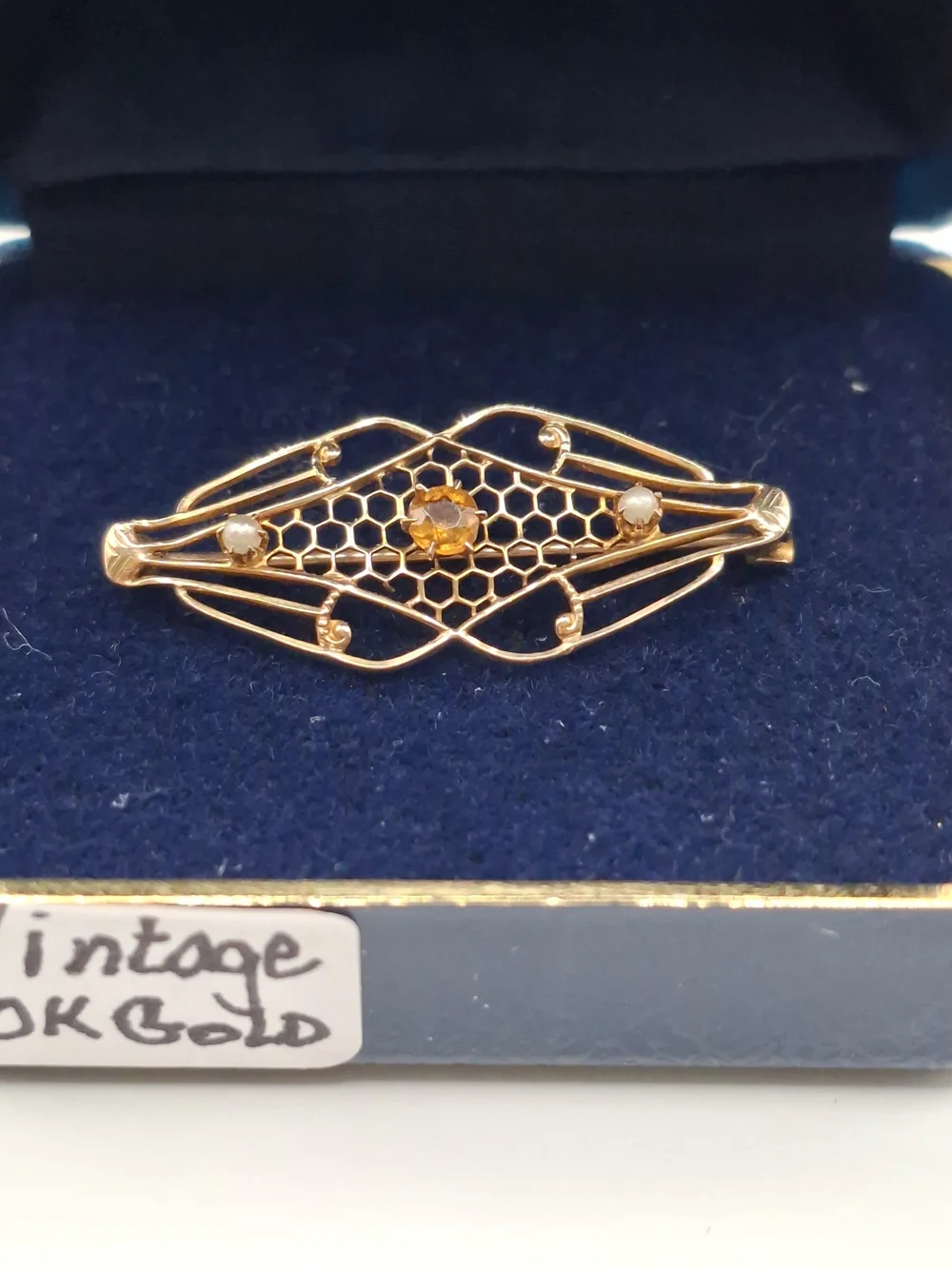 10K Gold Filigree Bar Brooch with Amber Center Stone And 2 Small Pearls